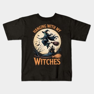 Scary Halloween with witch witch broom bat Kids T-Shirt